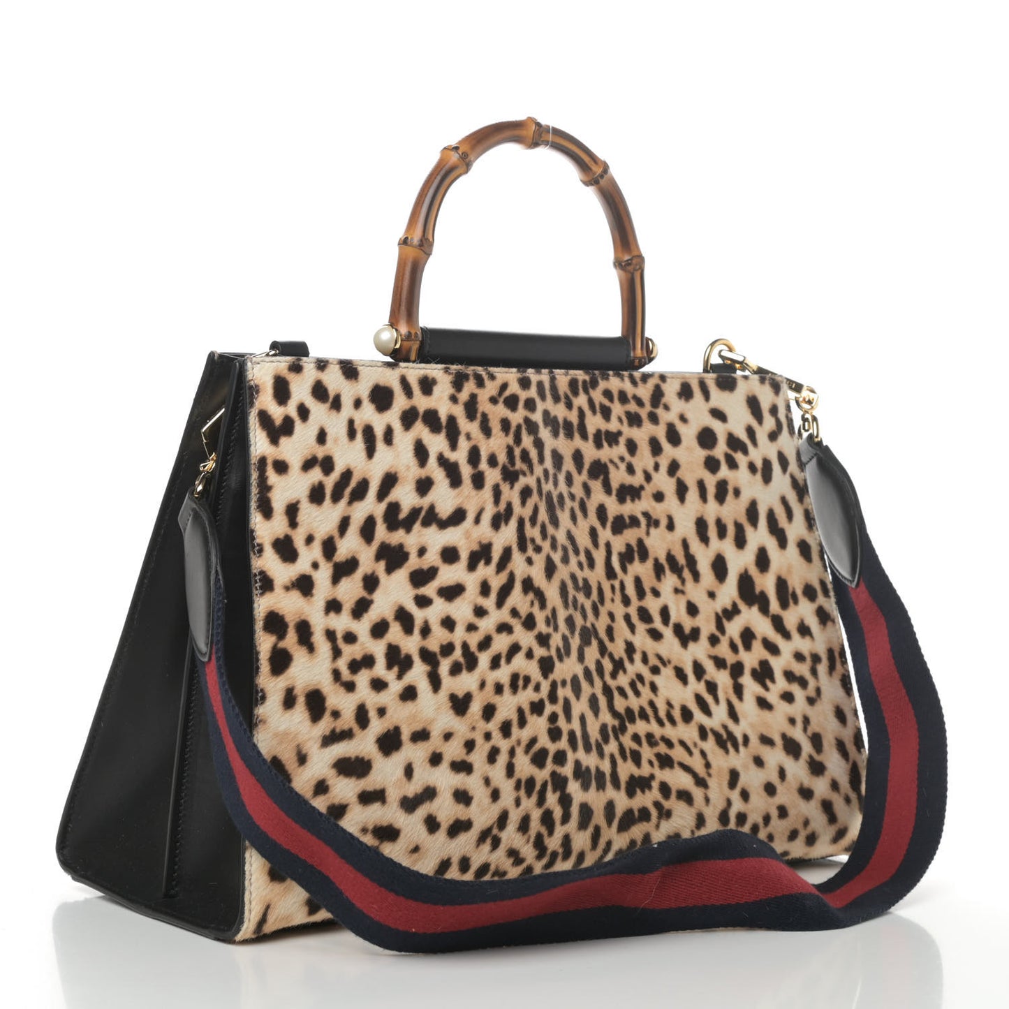 Calf Hair Bamboo Web Leopard Print Medium Nymphaea Top Handle Bag Black