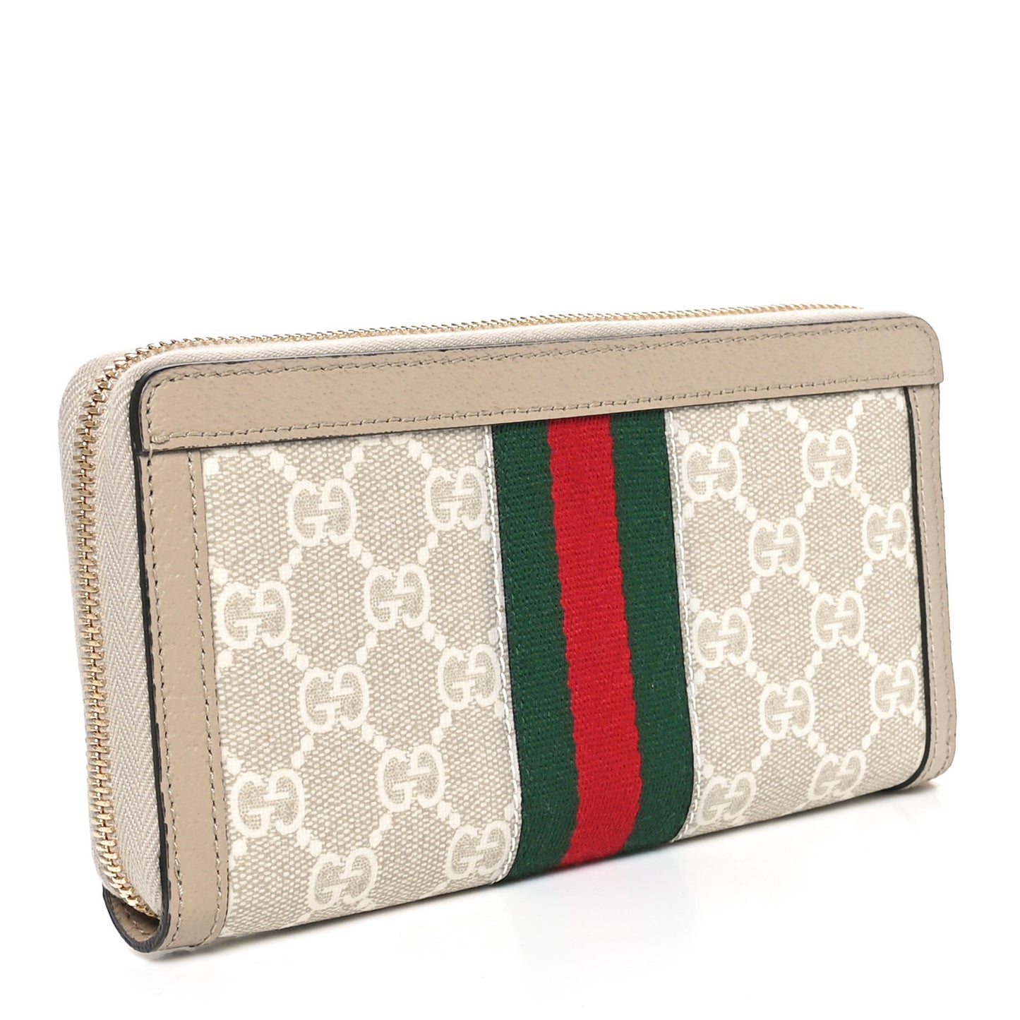 GG Supreme Monogram Textured Dollar Calfskin Web Ophidia Zip Around Wallet Beige Mystic White Oatmeal