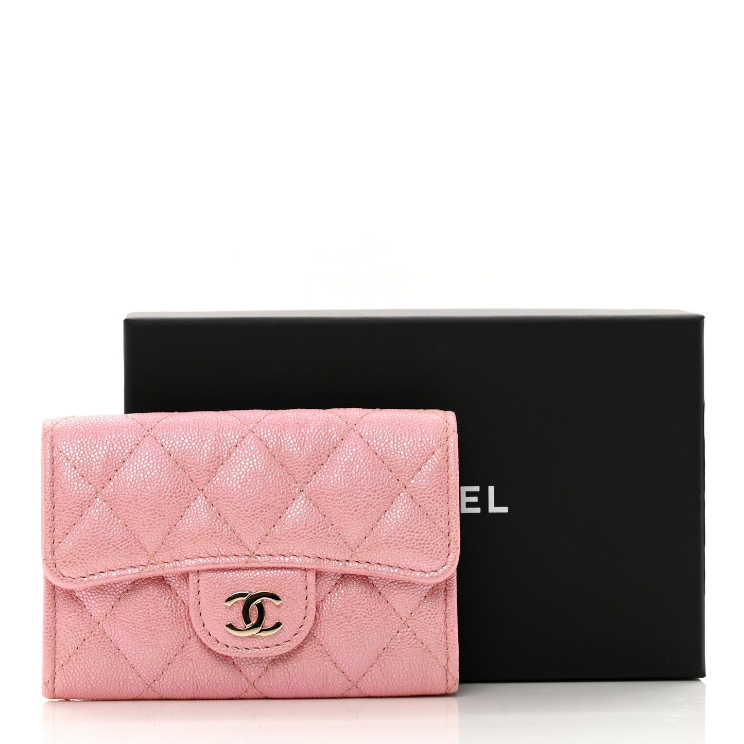 Iridescent Caviar Quilted Flap Card Holder Rose Pink