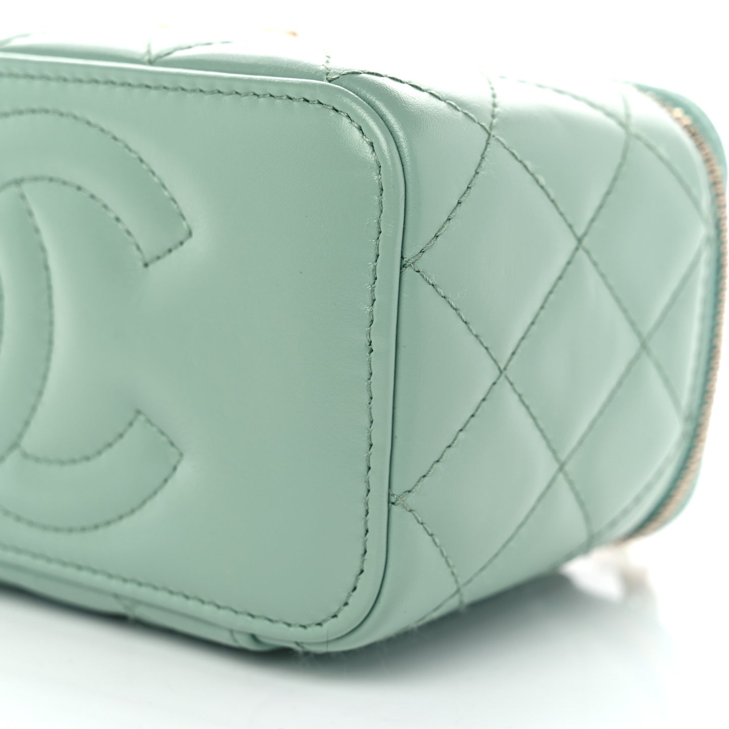 Shiny Calfskin Quilted Small Top Handle Vanity Case With Chain Light Green