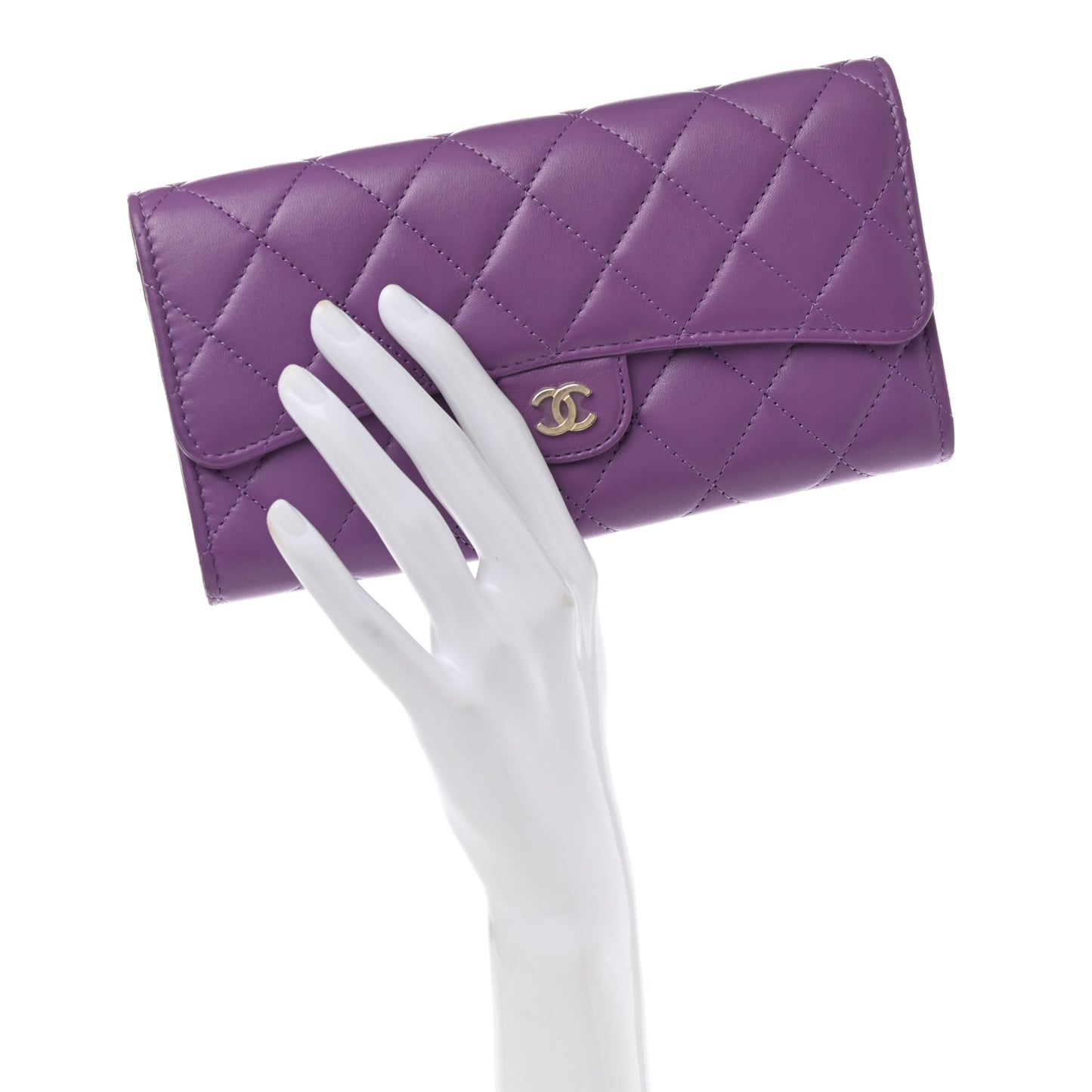 Lambskin Quilted Large Gusset Flap Wallet Purple