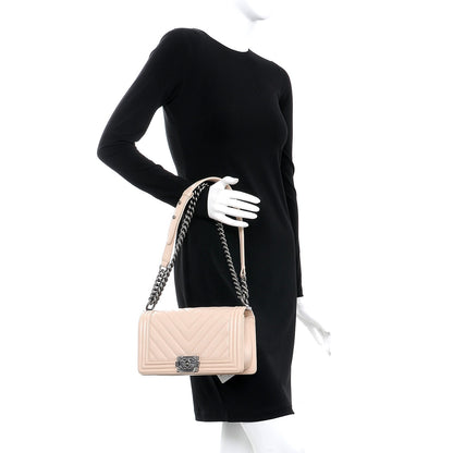 Chanel Caviar Chevron Quilted Medium Boy Flap Light Beige 3 of 8