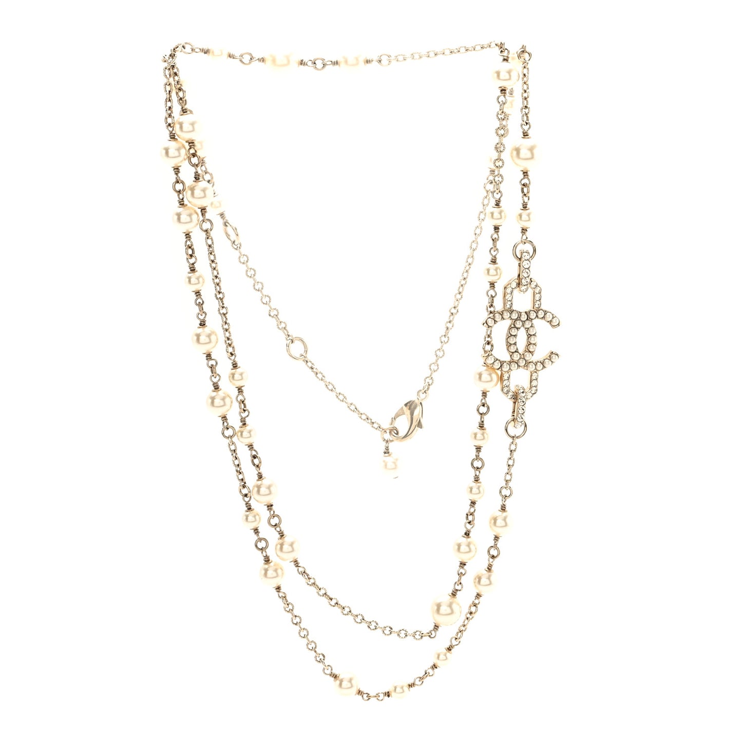 Crystal Pearl CC Long Necklace Light Gold