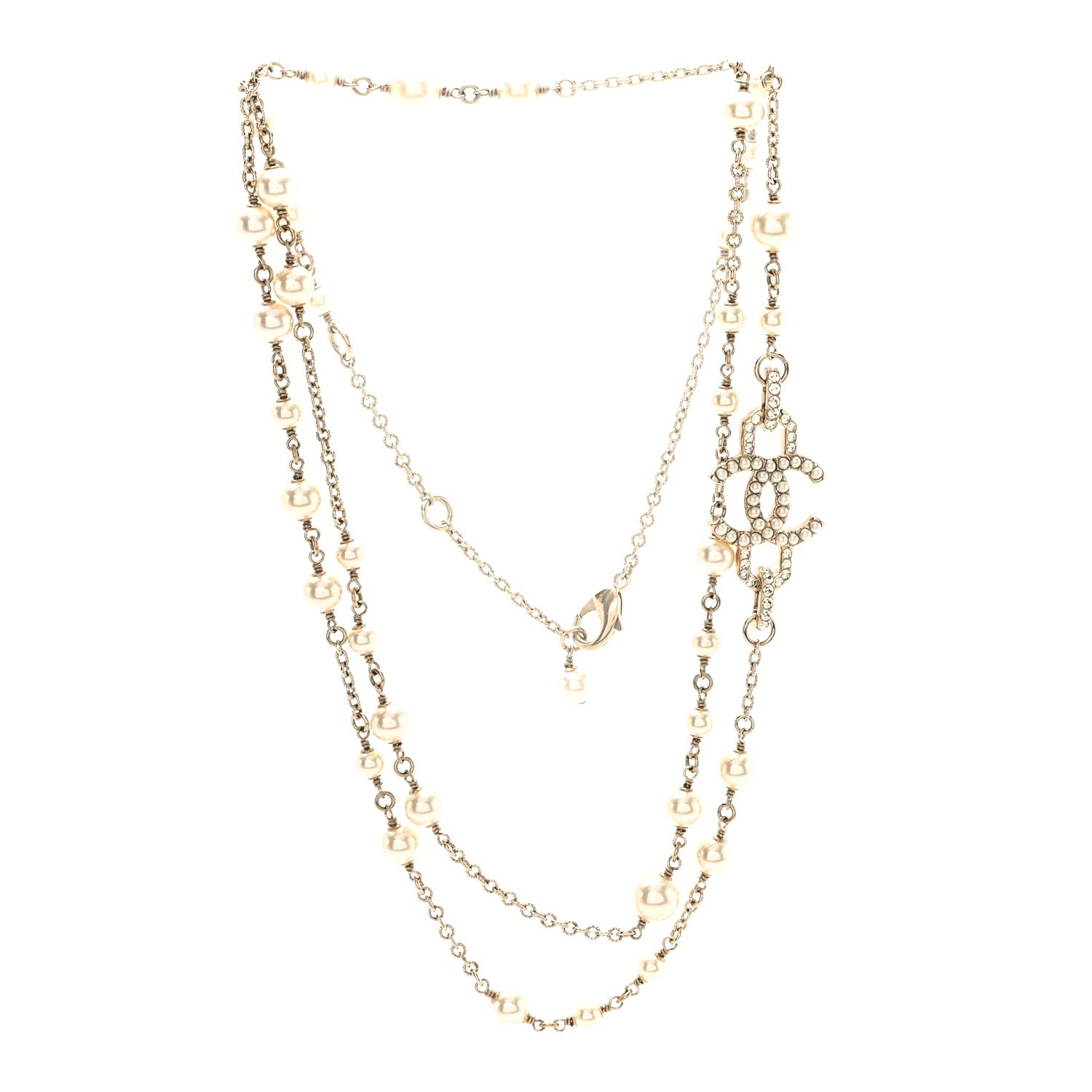 Chanel Crystal Pearl CC Long Necklace Light Gold 3 of 5