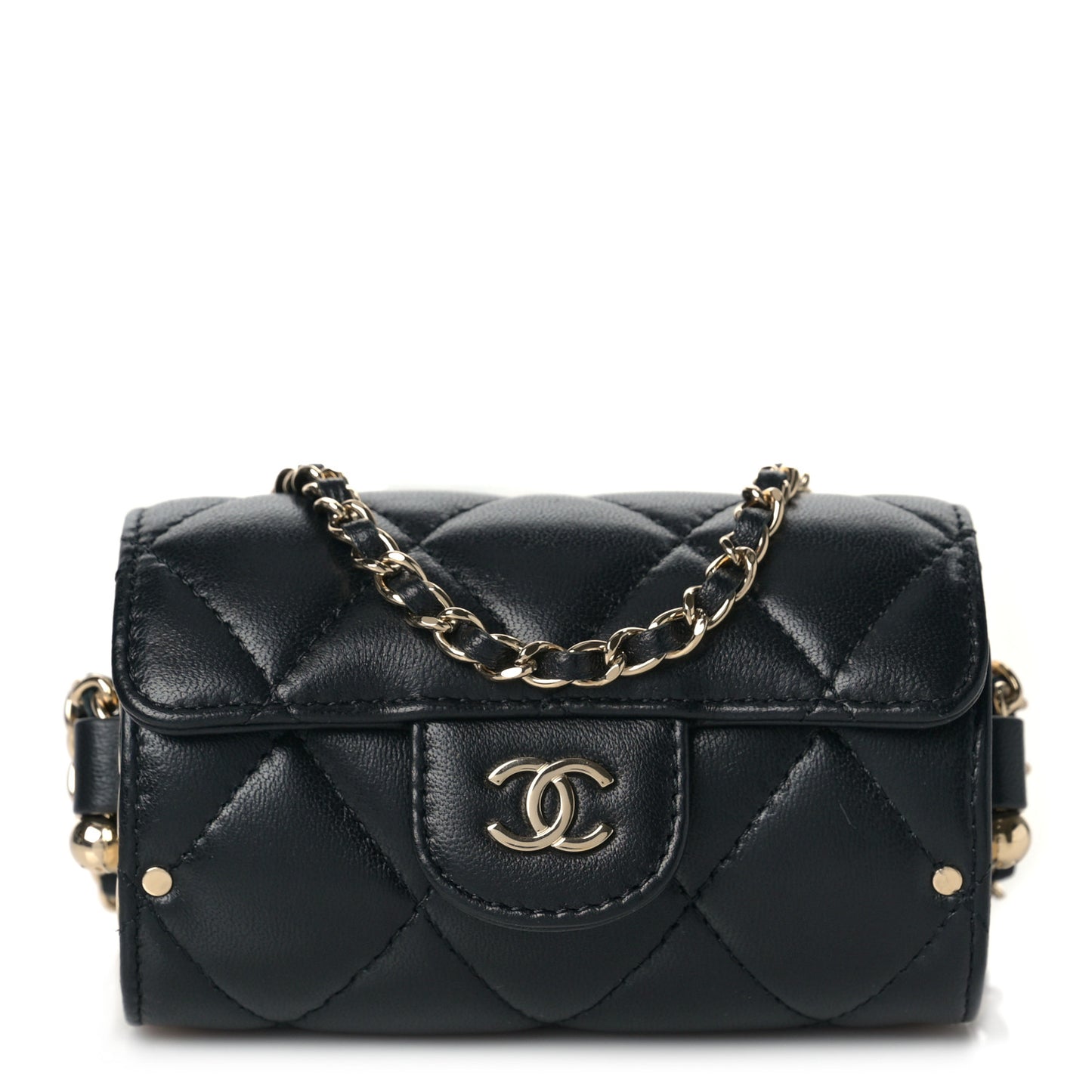 Lambskin Quilted Box Of Secrets Card Holder With Chain Black