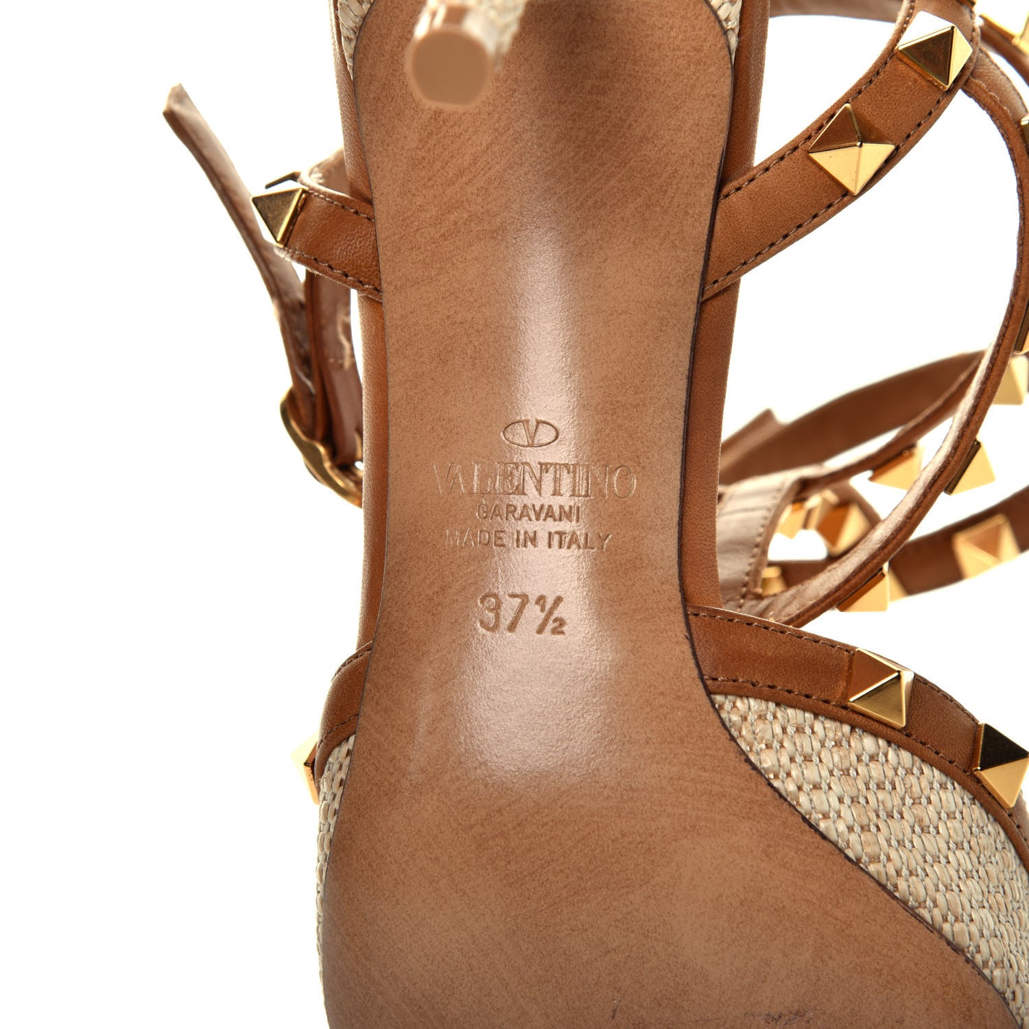 Valentino Garavani Raffia Calfskin Rockstud Ankle Strap 65mm Pumps 37.5 Natural Saddle Brown 6 of 8