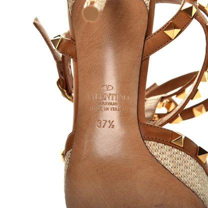 Valentino Garavani Raffia Calfskin Rockstud Ankle Strap 65mm Pumps 37.5 Natural Saddle Brown 6 of 8
