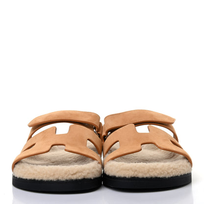 Hermes Suede Goatskin Woolskin Womens Chypre Sandals 37 Golden Beige 2 of 4
