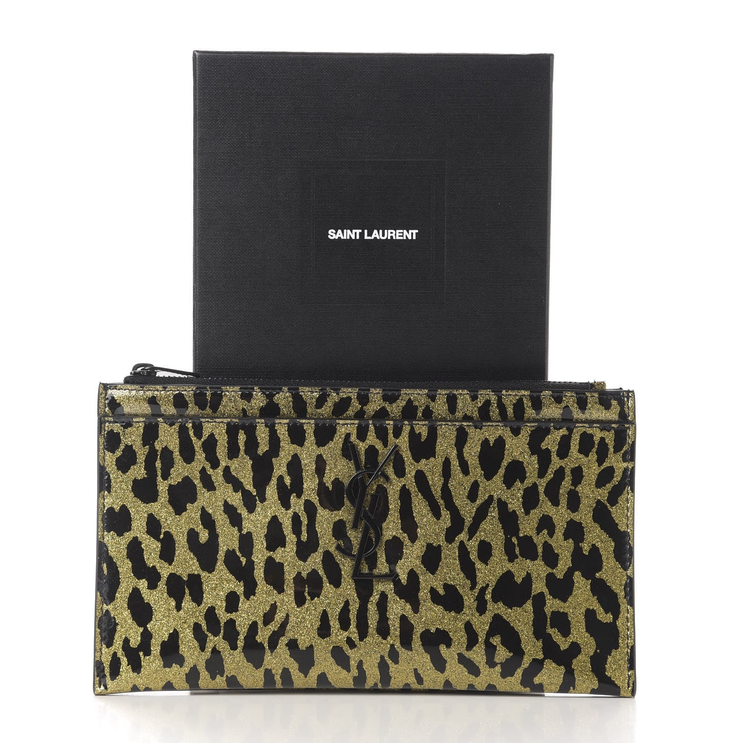 Saint Laurent Patent Glitter Leopard Monogram Zip Pouch Gold Black 13 of 13