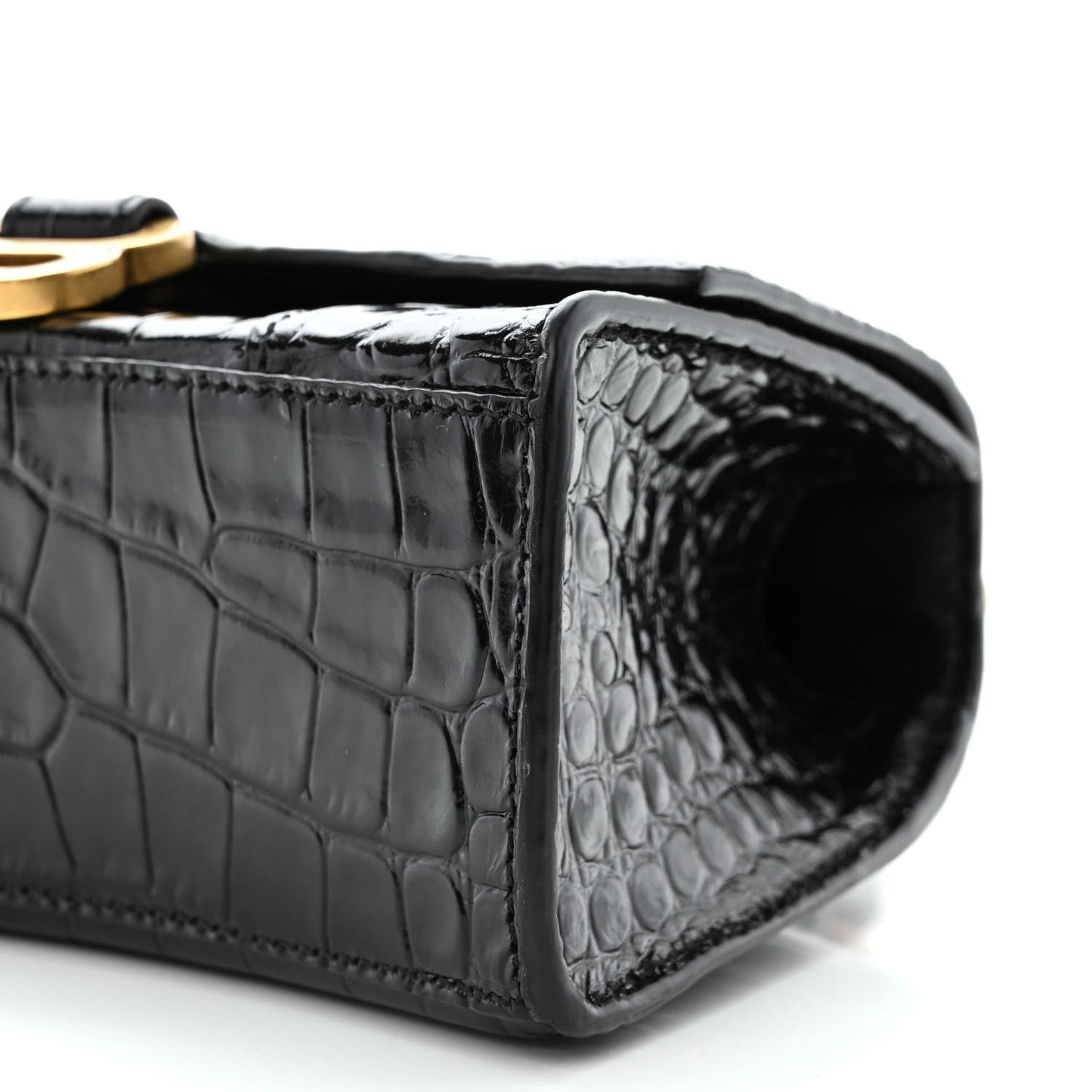 Shiny Calfskin Crocodile Embossed Hourglass Top Handle Bag XS Black