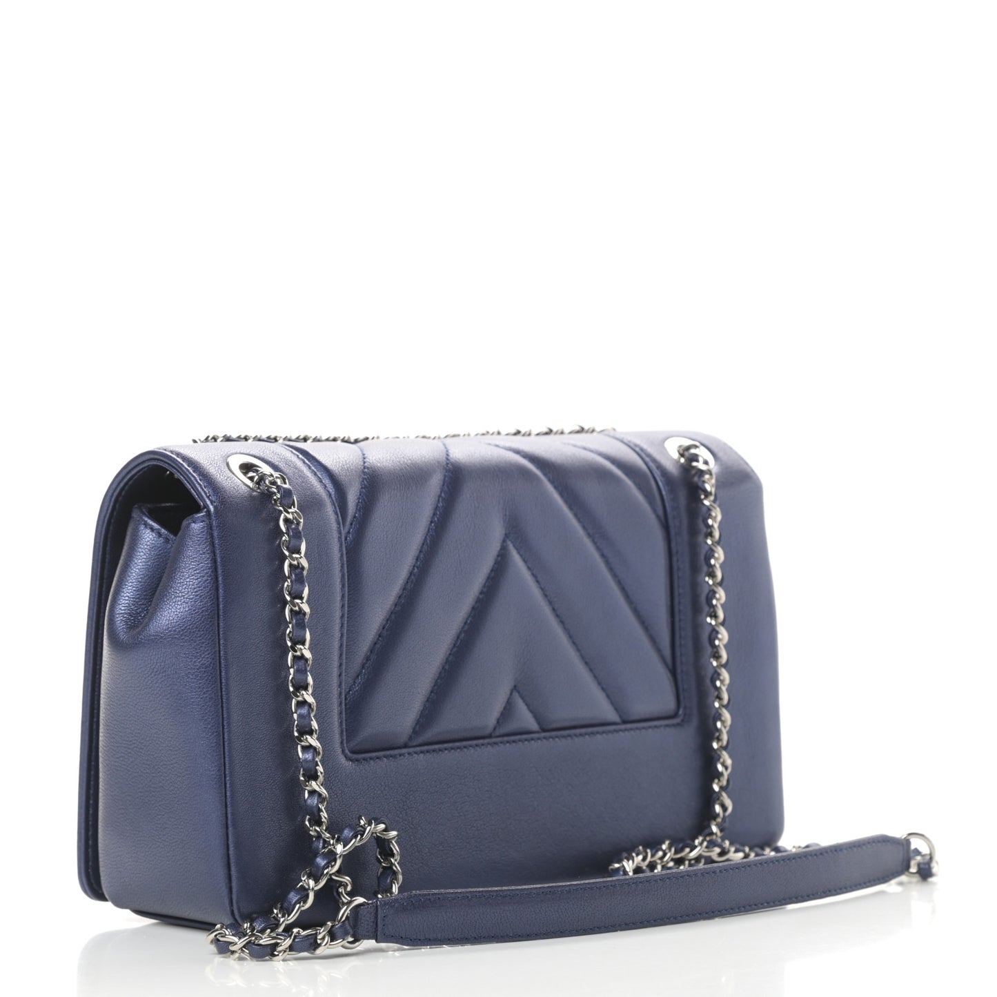 Metallic Sheepskin Chevron Quilted Medium Vintage Mademoiselle Flap Navy