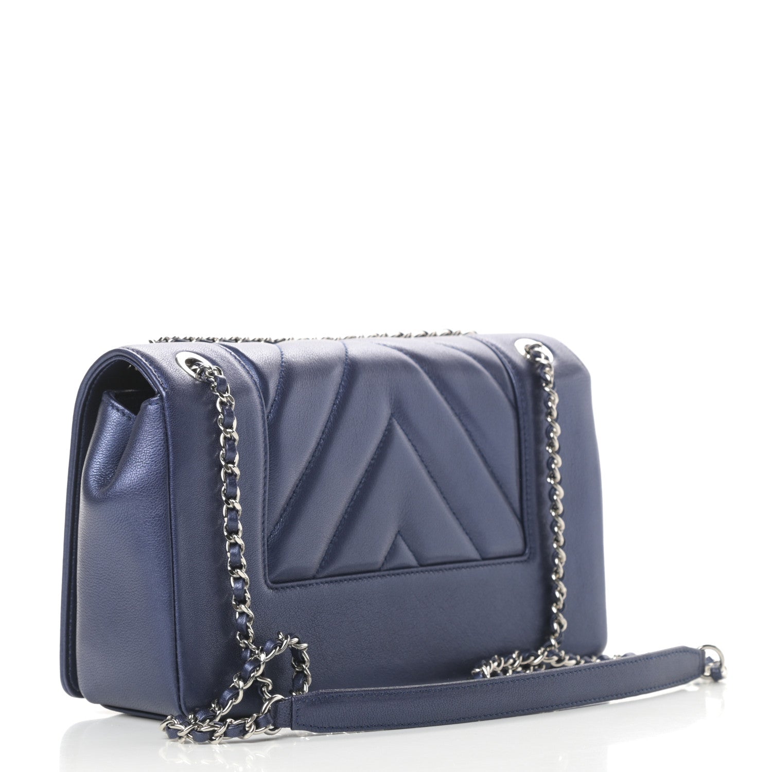 Chanel Metallic Sheepskin Chevron Quilted Medium Vintage Mademoiselle Flap Navy 3 of 11