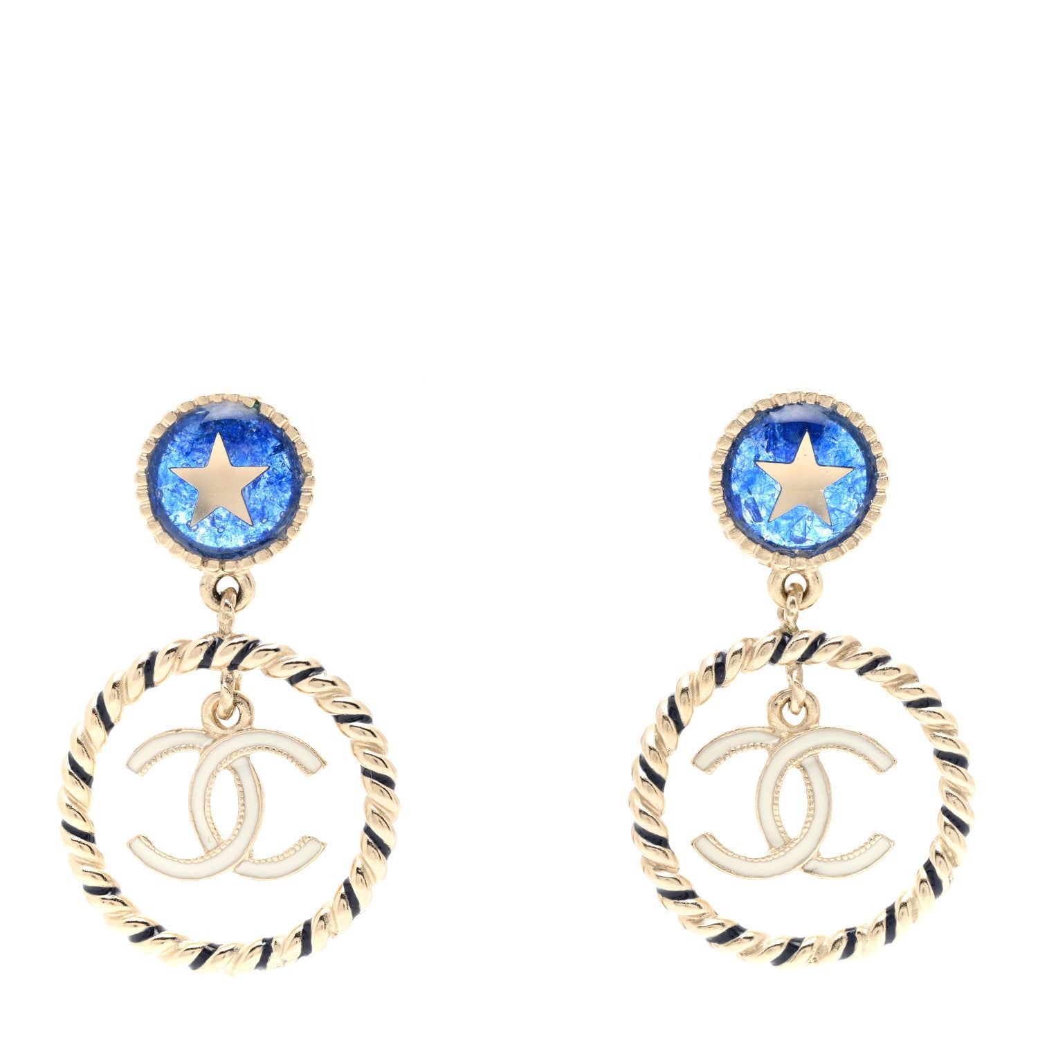 Chanel Resin Star CC Drop Earrings Blue Gold 1 of 4