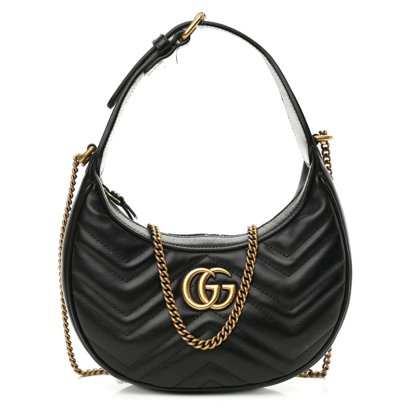 Calfskin Matelasse Chevron Mini GG Marmont Half Moon Hobo Black
