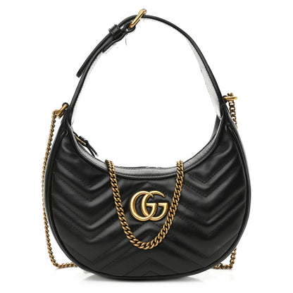 Gucci Calfskin Matelasse Chevron Mini GG Marmont Half Moon Hobo Black 1 of 11