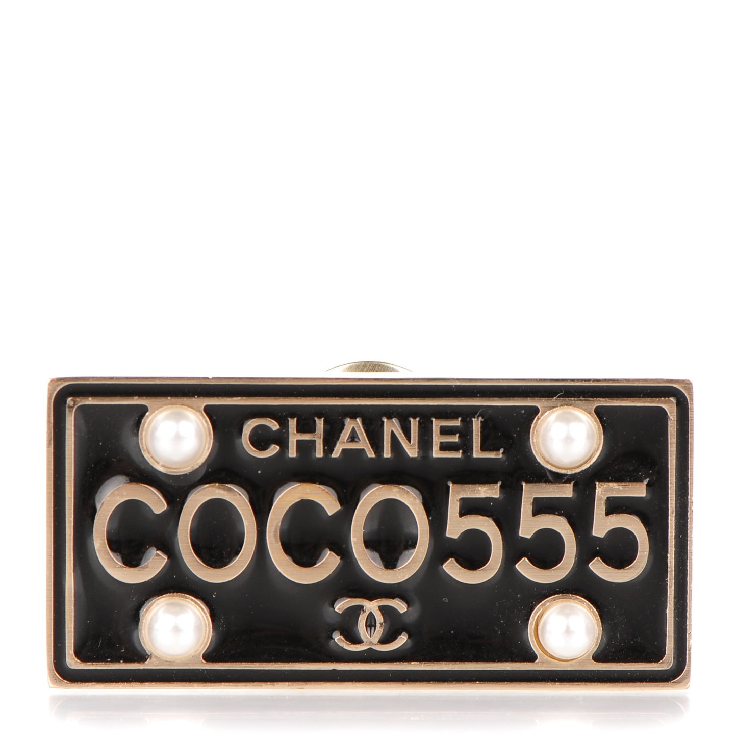 Metal Resin Pearl Coco License Plate Brooch Black Gold