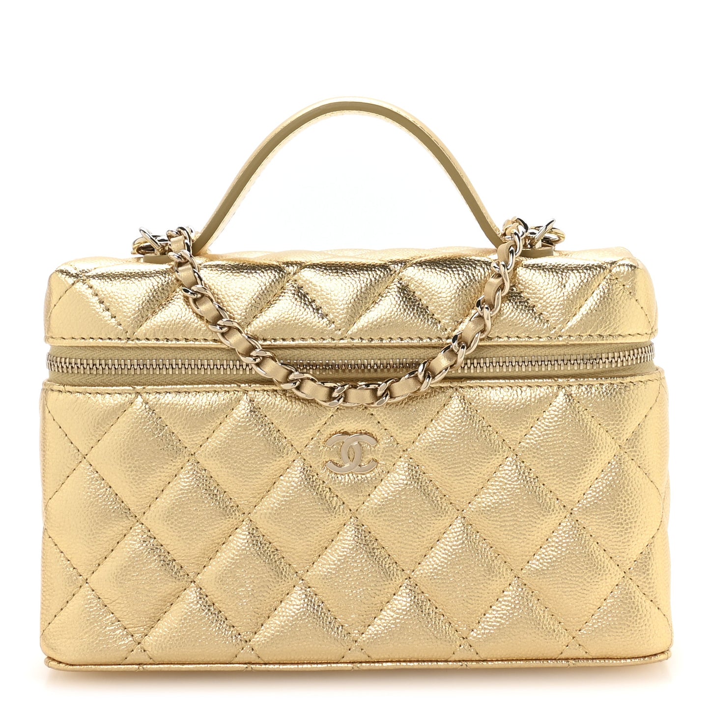 Metallic Caviar Quilted Top Handle Slim Vanity With Chain Gold
