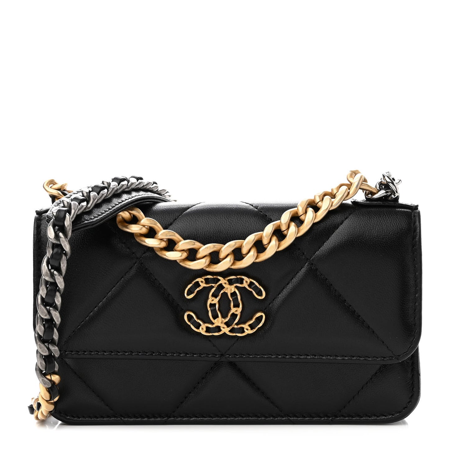 Lambskin Quilted Chanel 19 Flap Phone Holder With Chain Black