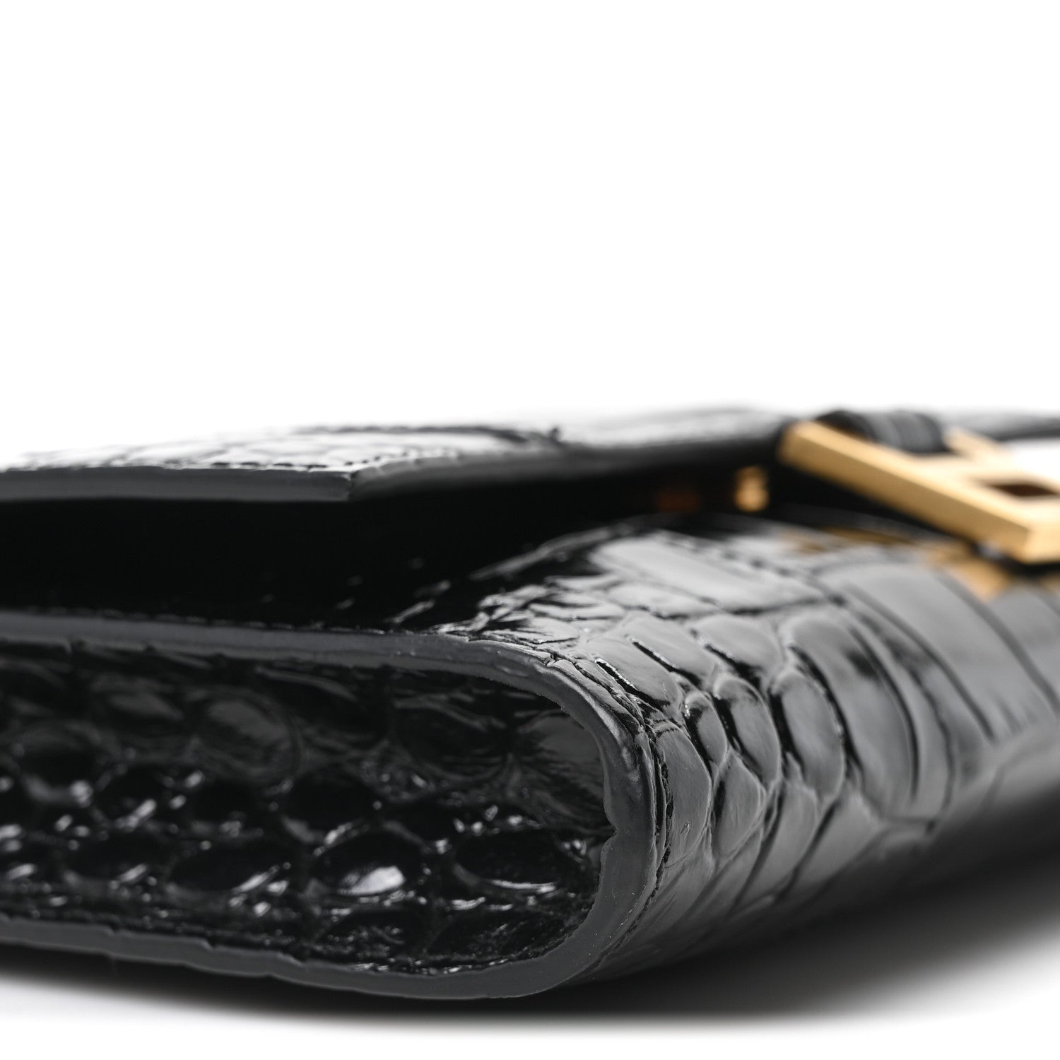 Balenciaga Shiny Calfskin Crocodile Embossed Hourglass Gusset Pouch Black 8 of 9