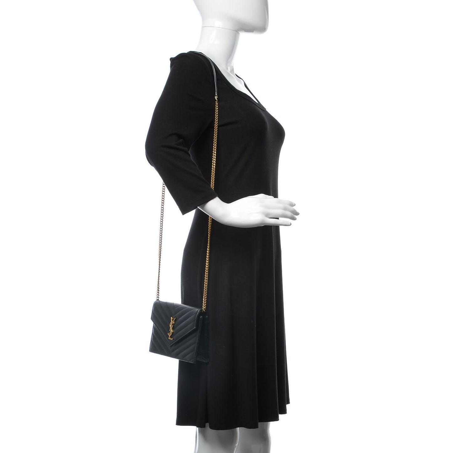 Grain De Poudre Matelasse Chevron Monogram Envelope Chain Wallet Black
