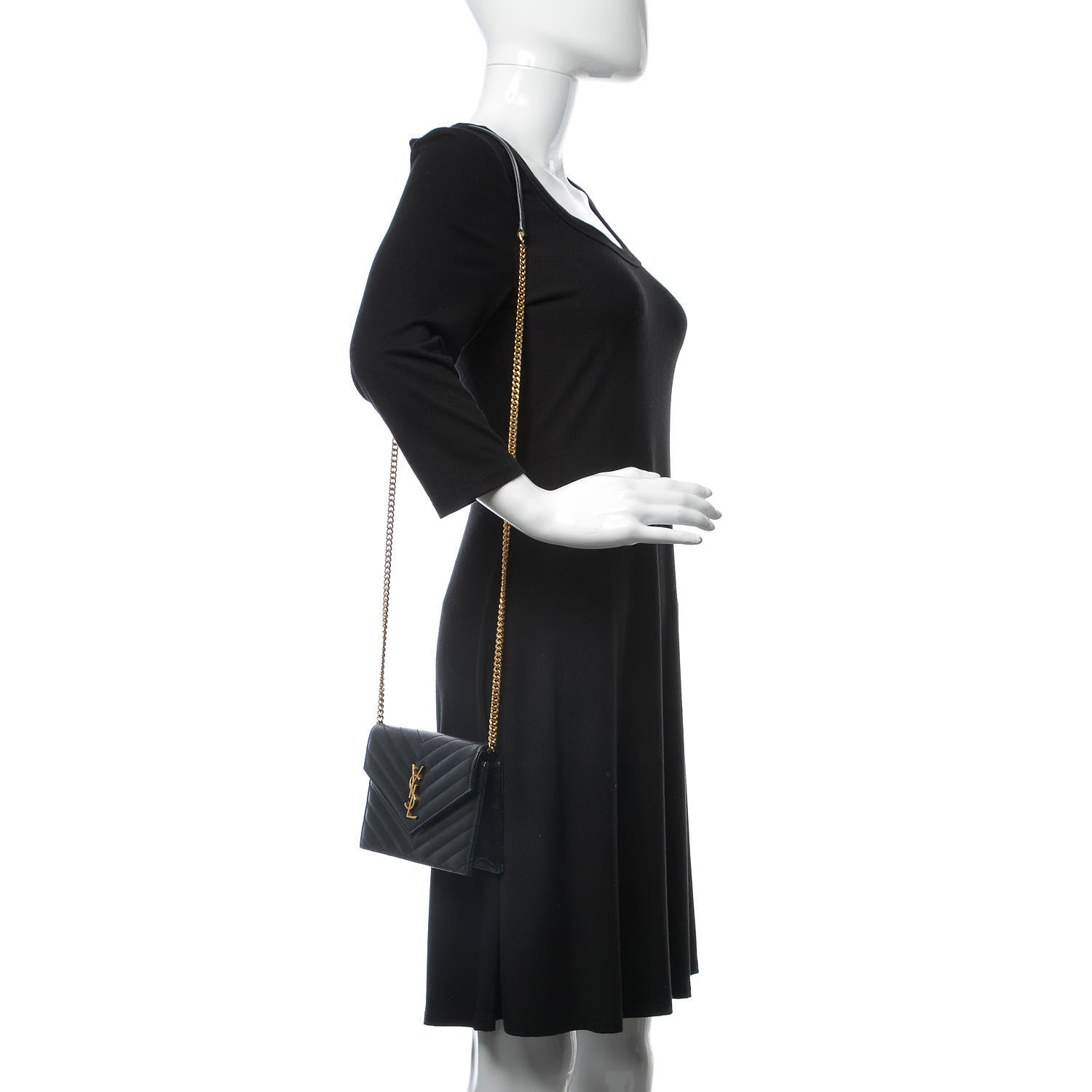 Saint Laurent Grain De Poudre Matelasse Chevron Monogram Envelope Chain Wallet Black 2 of 10