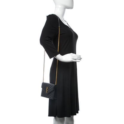 Saint Laurent Grain De Poudre Matelasse Chevron Monogram Envelope Chain Wallet Black 2 of 10