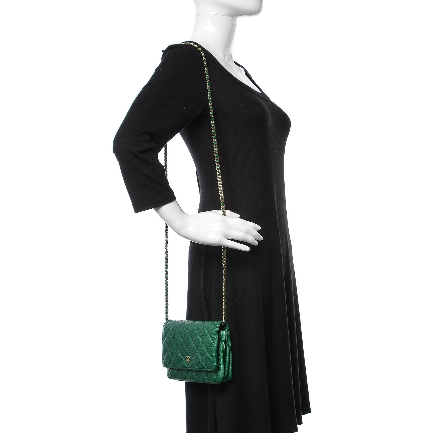 Chanel Metallic Caviar Quilted Wallet On Chain WOC Green 2 of 11