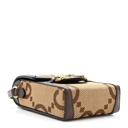 Gucci Monogram Jumbo GG Textured Dollar Calfskin Mini Horsebit 1955 Crossbody Bag Camel Ebony New Acero 4 of 11