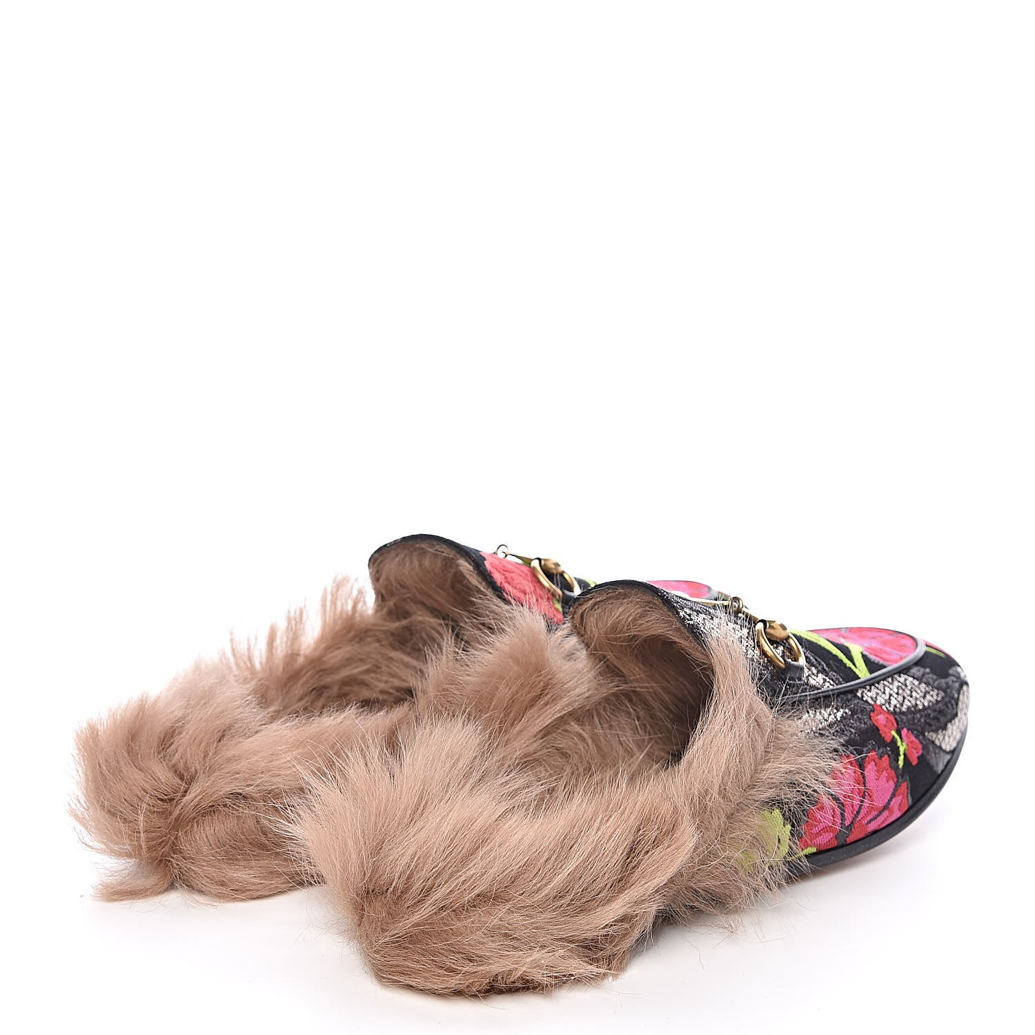 Gucci Brocade Fur Floral Womens Princetown Slippers 37 Black Anthracite 4 of 8