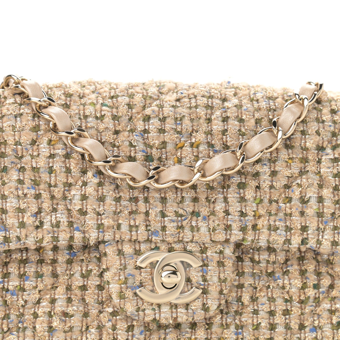 Tweed Quilted Mini Rectangular Flap Beige
