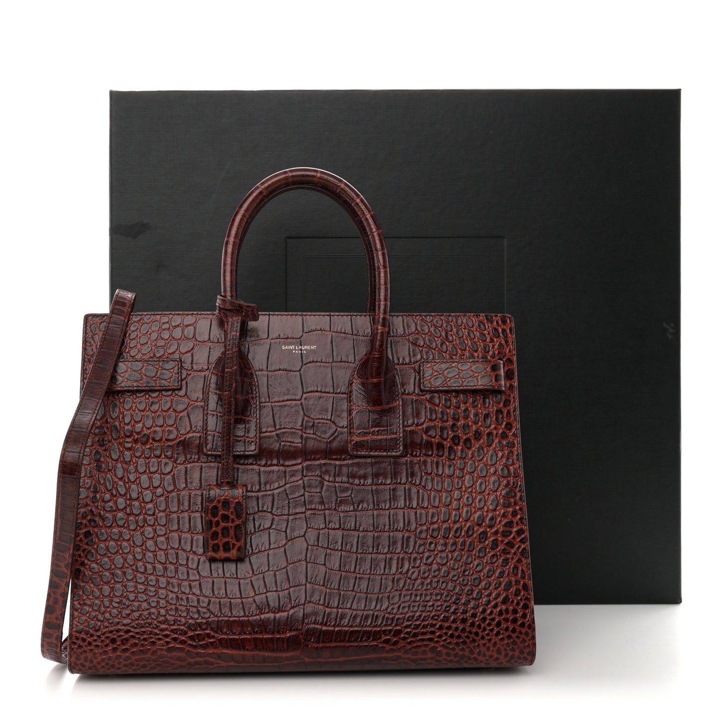 Calfskin Crocodile Embossed Small Sac De Jour Dark Blood