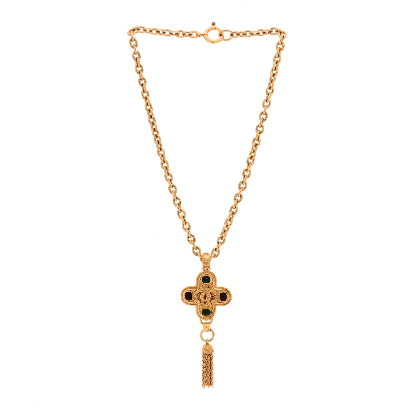 Gripoix Poured Glass Cross CC Tassel Chain Necklace Gold