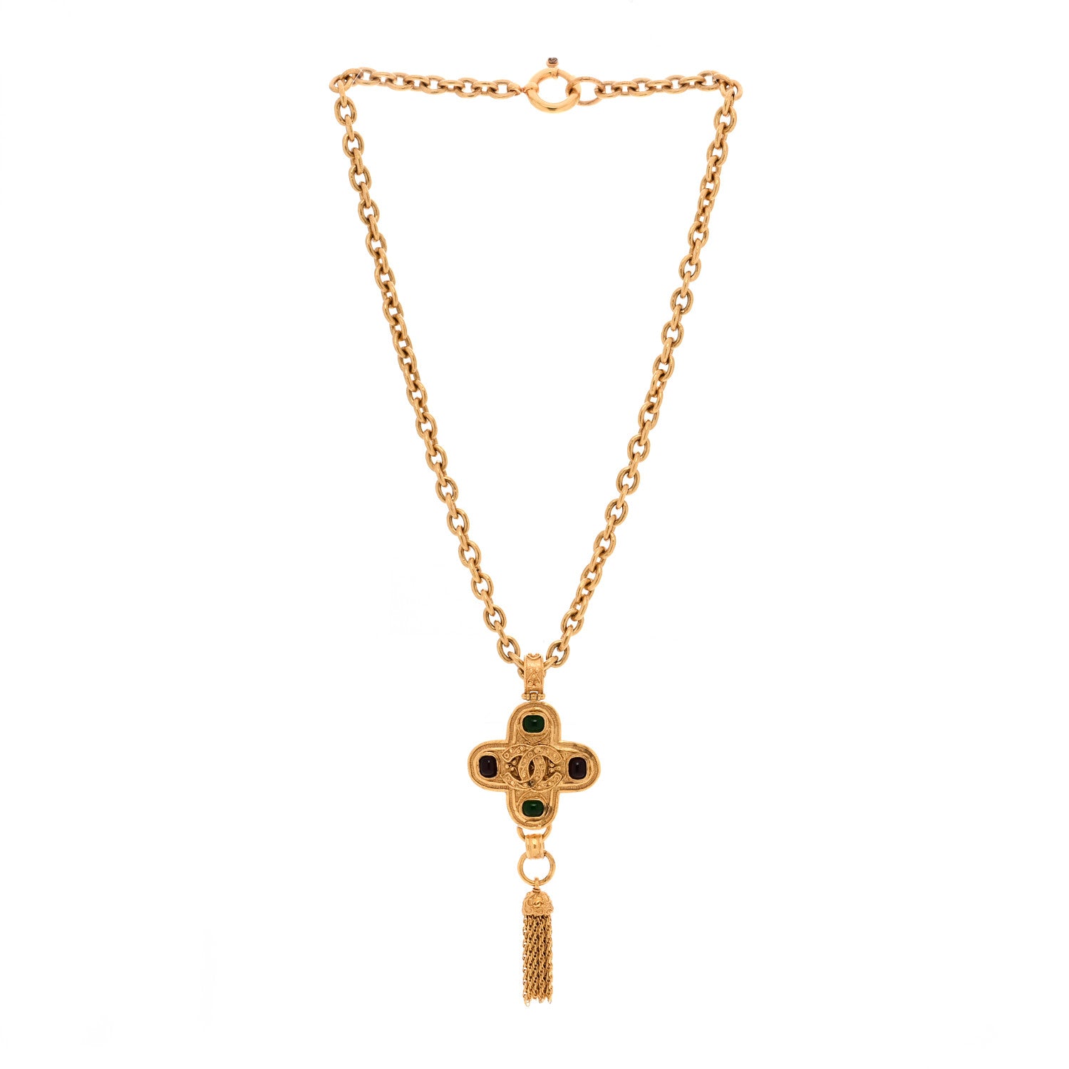 Chanel Gripoix Poured Glass Cross CC Tassel Chain Necklace Gold 3 of 6