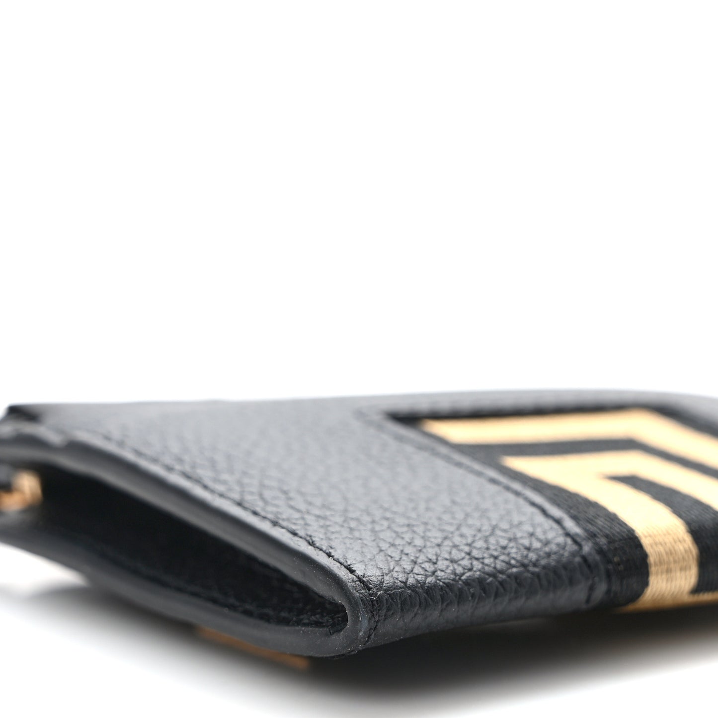 Grained Calfskin Ribbon Greca Zip Card Holder Wallet Black Gold
