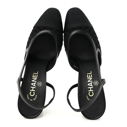 Chanel Fabric Embroidery Grosgrain Cap Toe CC Slingback Pumps 37 Black 2 of 8