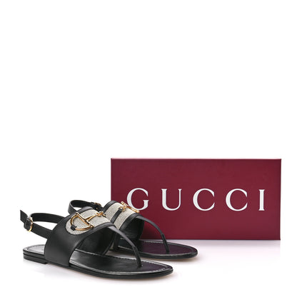 Gucci Calfskin Canvas Horsebit Thong Sandals 41 Black 9 of 9