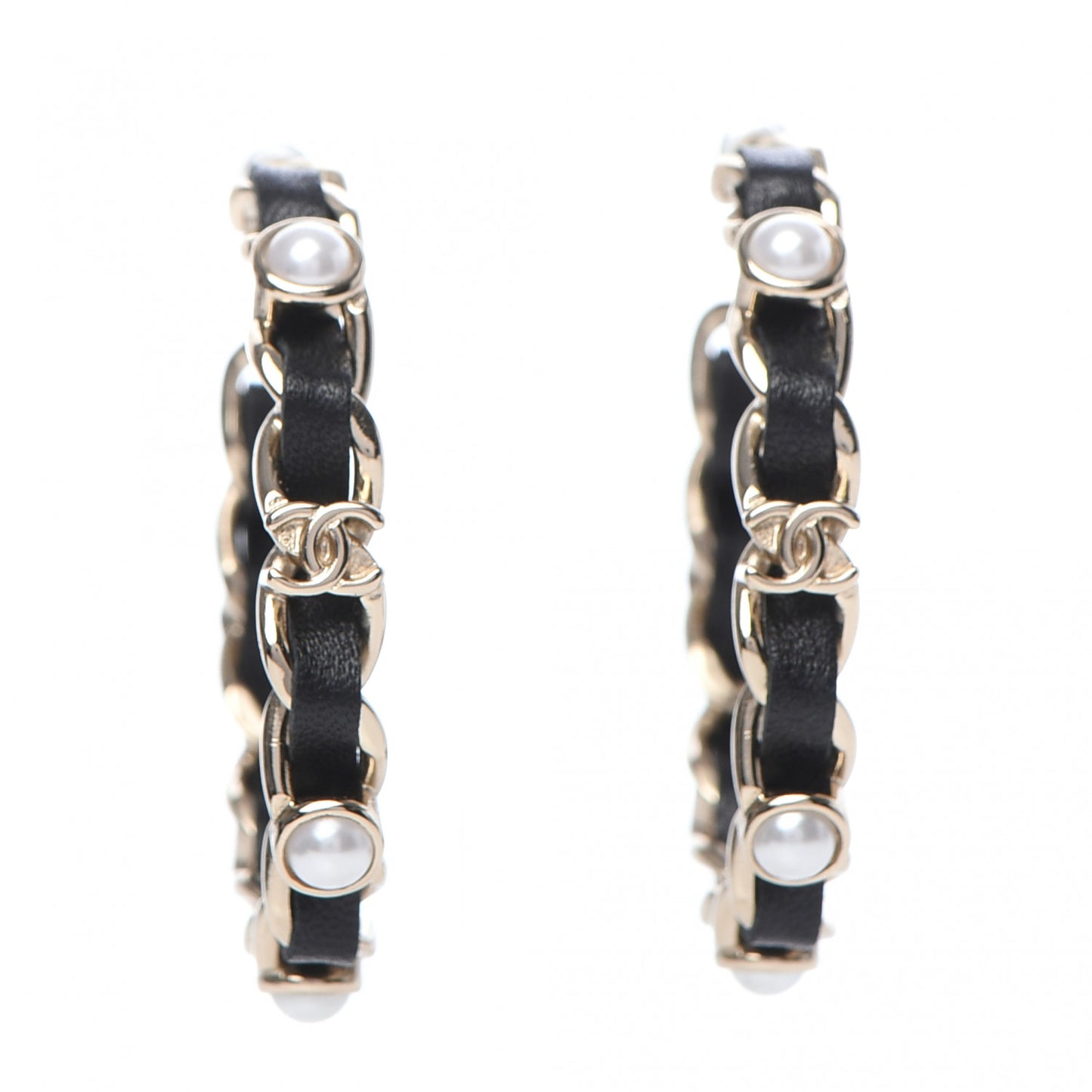Lambskin Pearl More Is More CC Chain Hoop Earrings Gold Black