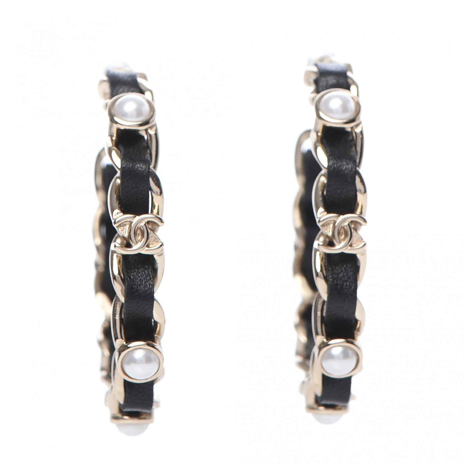 Chanel Lambskin Pearl More Is More CC Chain Hoop Earrings Gold Black 1 of 8