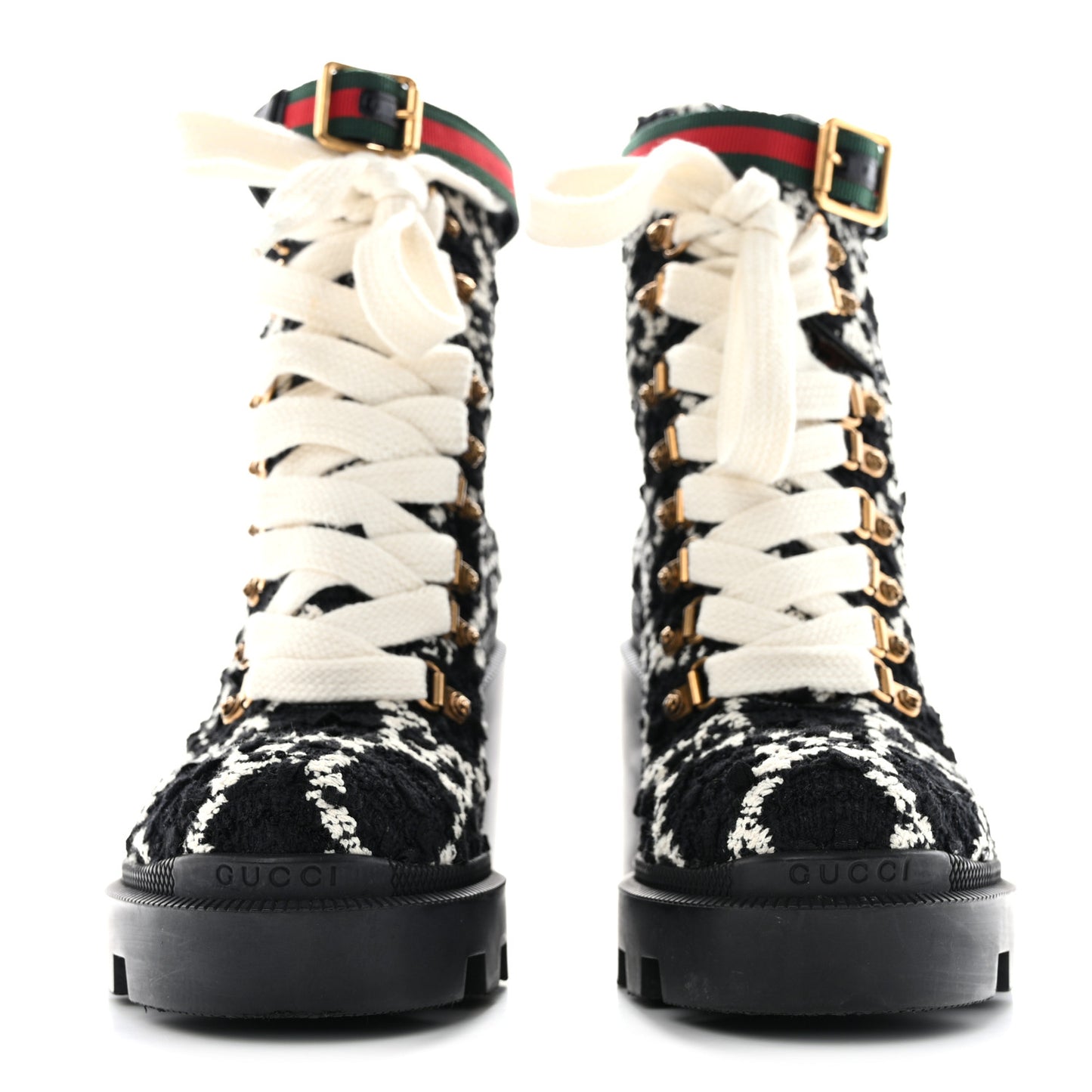 Tweed GG Monogram Lace Up Combat Ankle Boots 37.5 37.5 Black