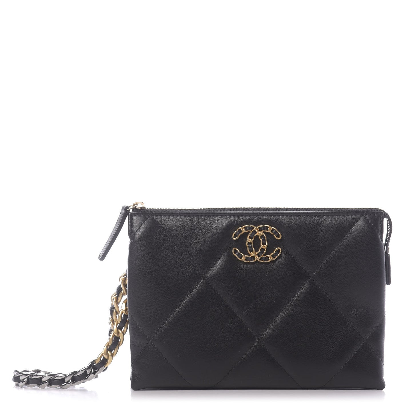 Shiny Goatskin Quilted Small Chanel 19 Pouch With Handle Black