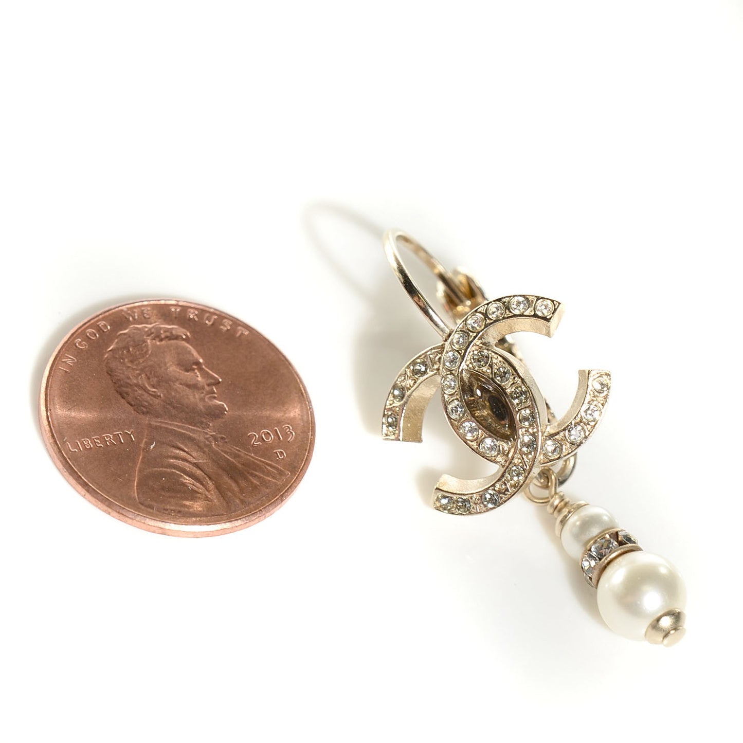 Crystal CC Pearl Dangle Earrings Gold