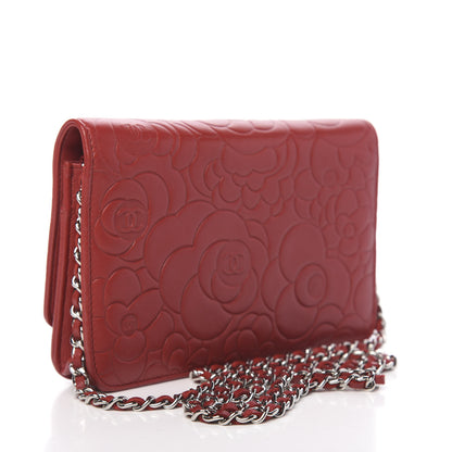 Chanel Lambskin Camellia Embossed Wallet On Chain WOC Red 3 of 11