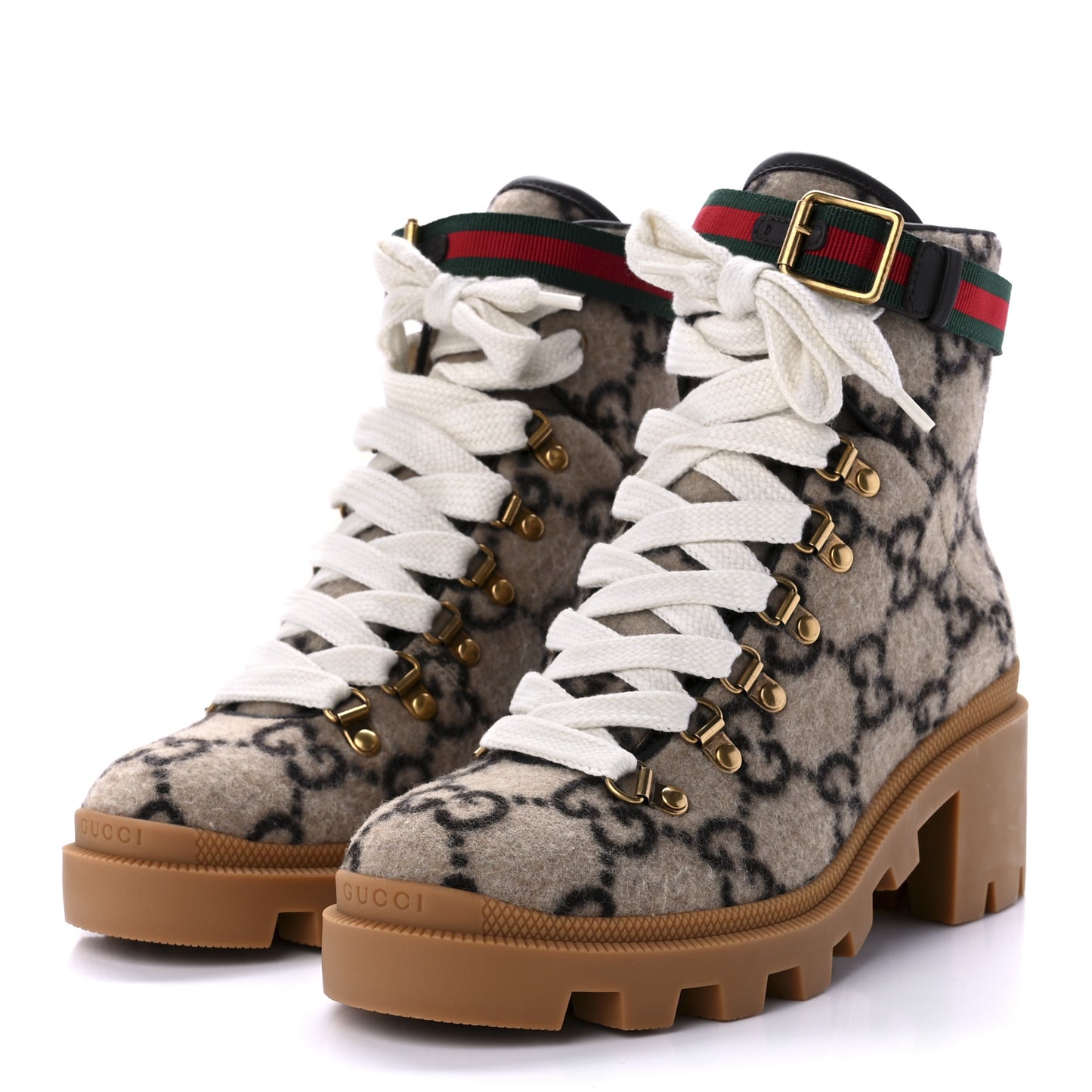 Covered Wool Big GG Monogram Womens Lace Up Combat Ankle Boots 38.5 Beige Ebony Cocoa