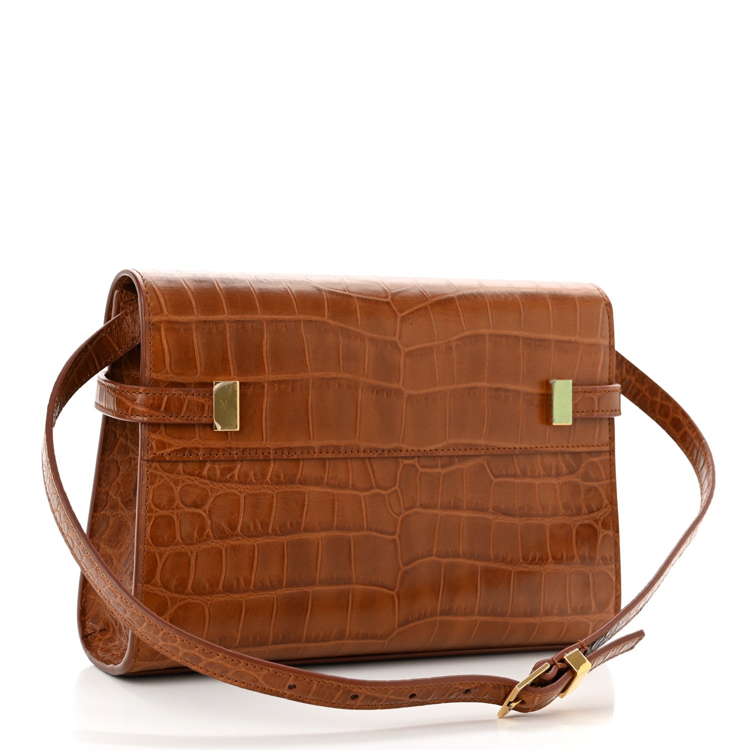 Saint Laurent Shiny Calfskin Crocodile Embossed Small Manhattan Baguette Dark Caramel 2 of 8