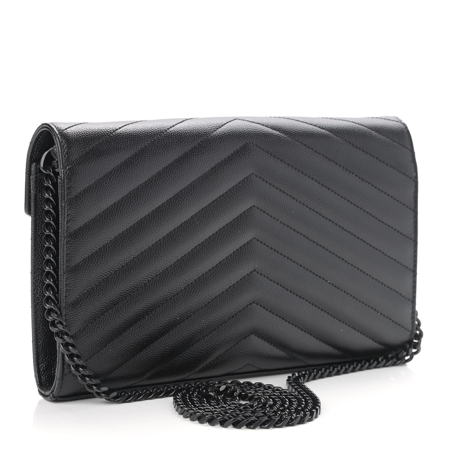 Saint Laurent Grain De Poudre Matelasse Chevron Monogram Chain Wallet Black 3 of 13
