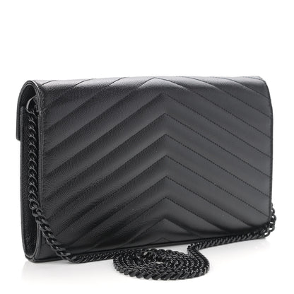 Saint Laurent Grain De Poudre Matelasse Chevron Monogram Chain Wallet Black 3 of 13