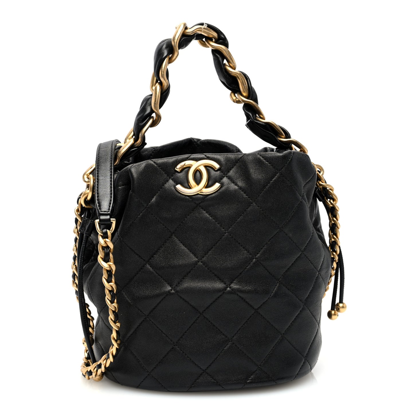 Shiny Lambskin Quilted Small Chain Is More Drawstring Bag Black