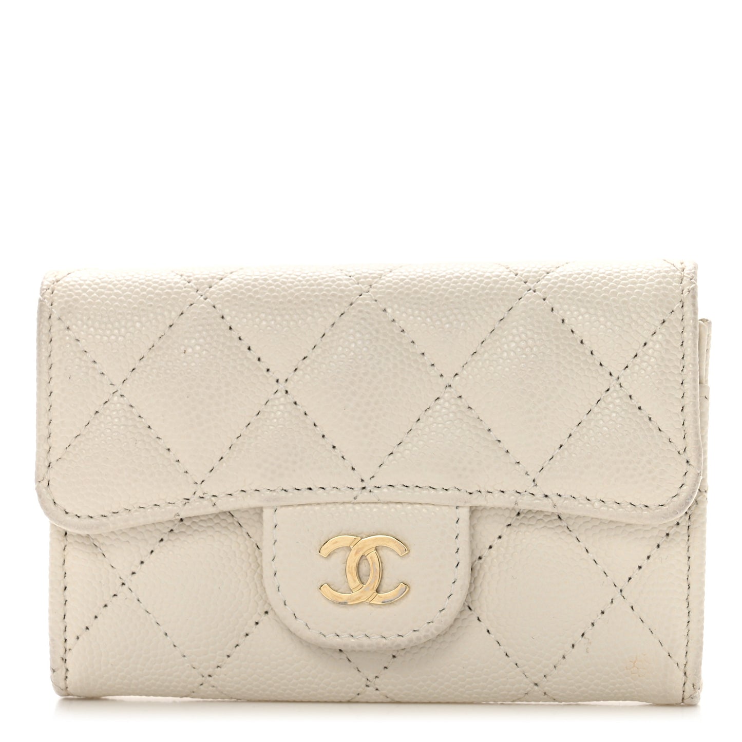 Caviar Quilted Flap Card Holder Wallet White