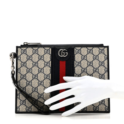 Gucci GG Supreme Monogram Textured Dollar Calfskin Web Ophidia Wristlet Pouch Beige Blue 2 of 6