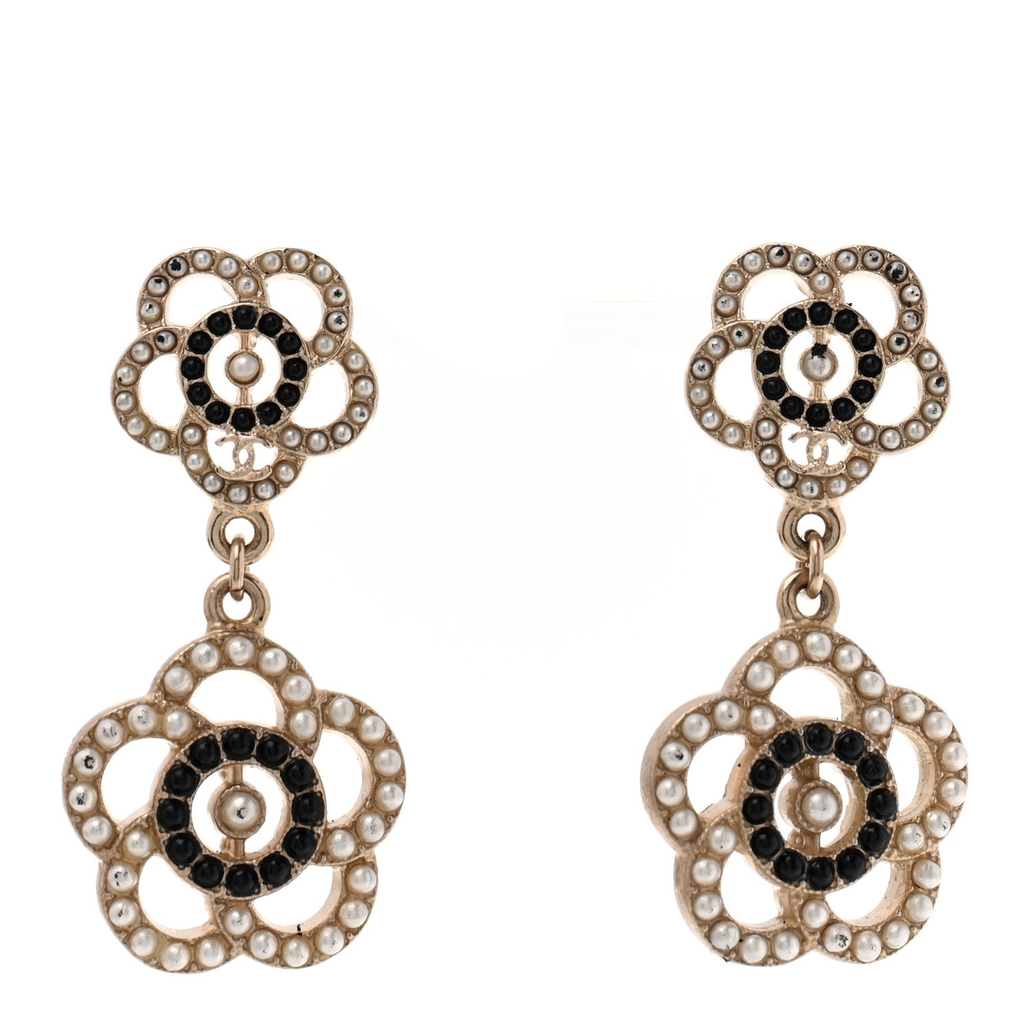 Chanel Enamel Pearl Flower Drop Earrings Black Gold 1 of 5